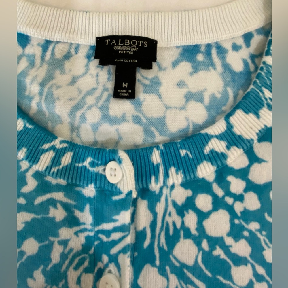 Talbots PM Blue Swirl Print 3/4 Sleeves Charming Cardigan Sweater